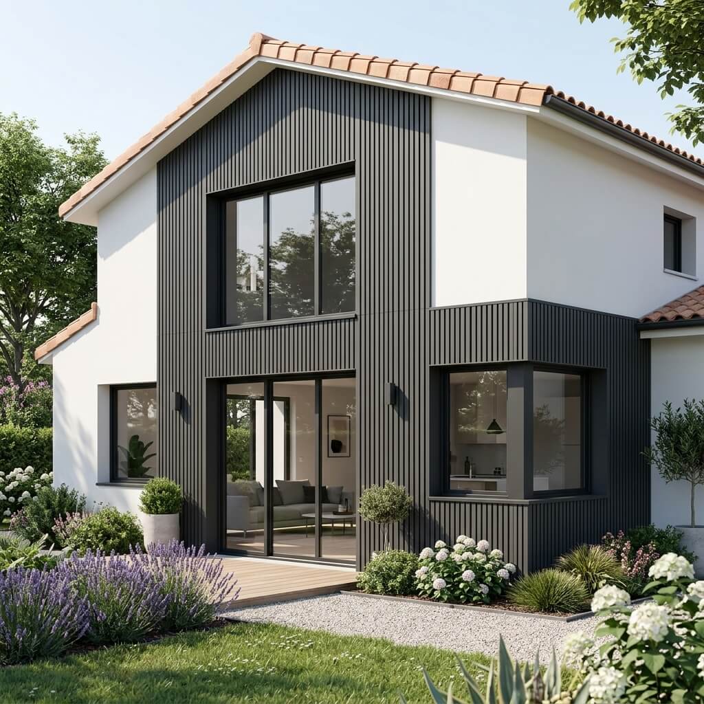 Maison avec bardage claire-voie anthracite