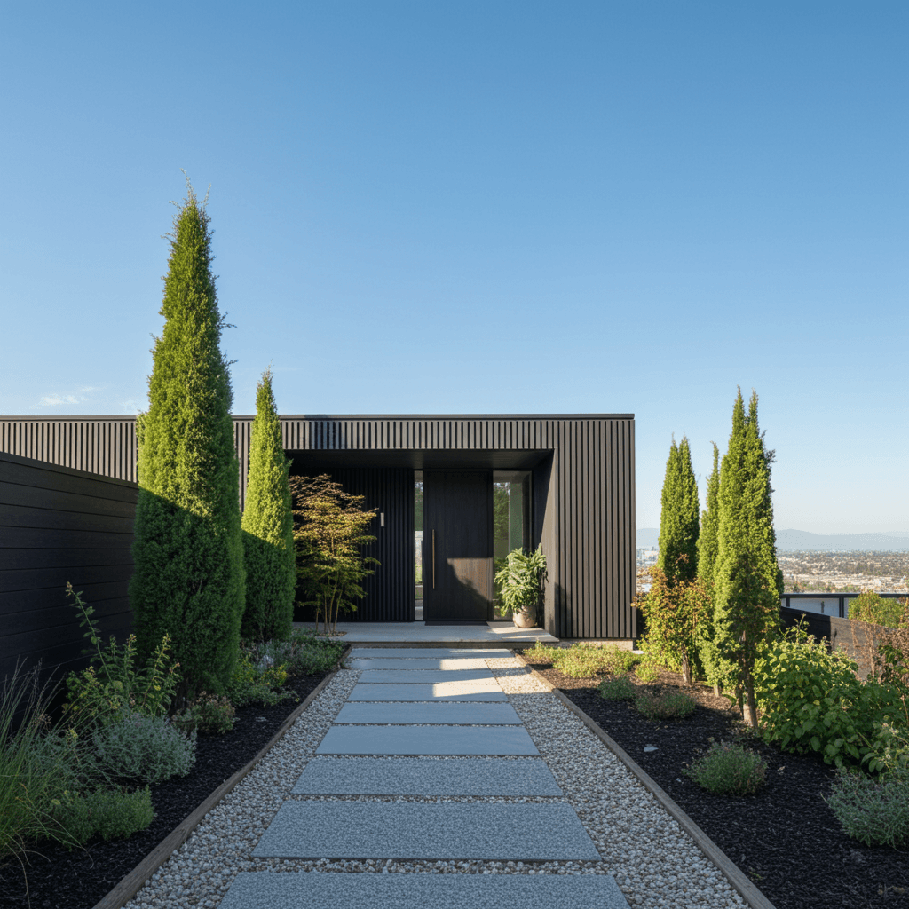 Allée d’entrée en dalles devant une maison moderne