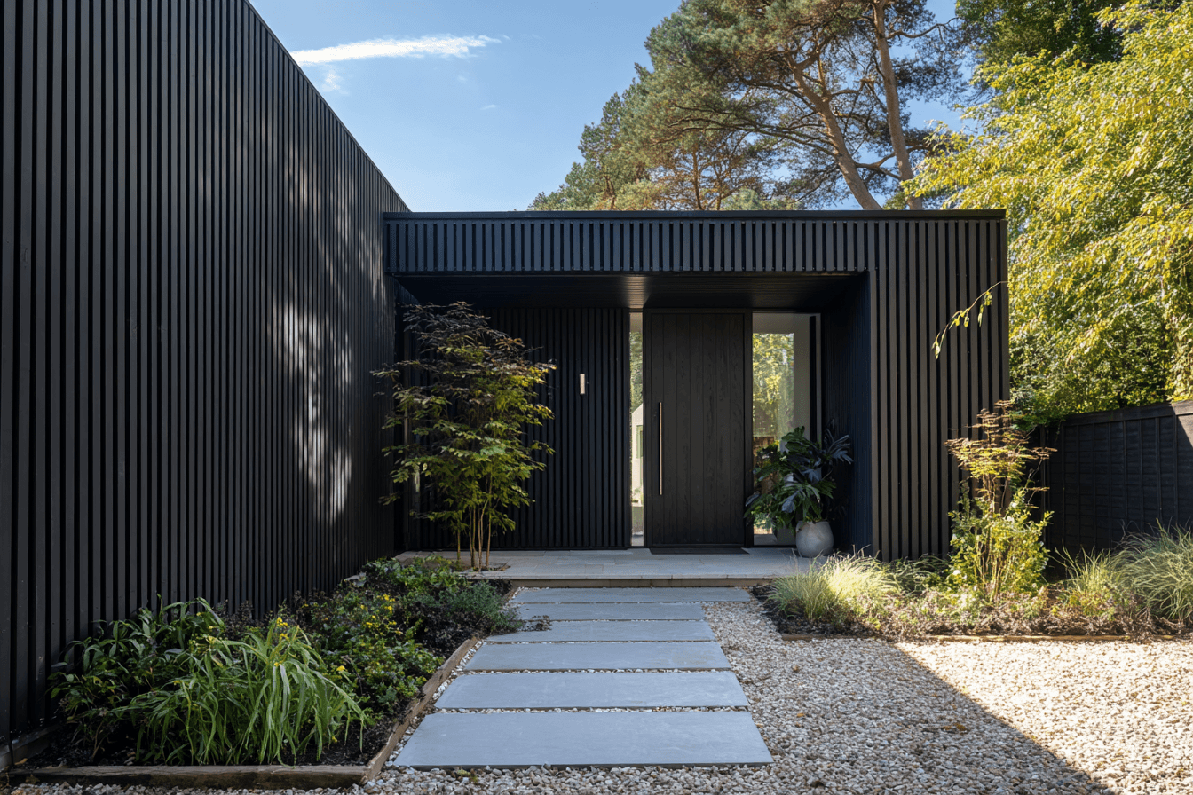 Entrée de maison avec bardage claire-voie charbon