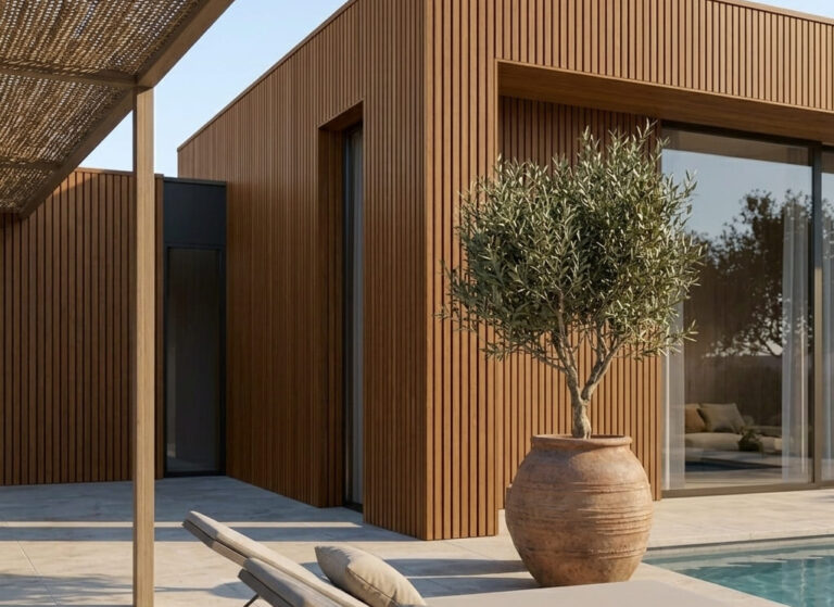 Bardage claire-voie sur maison contemporaine avec piscine