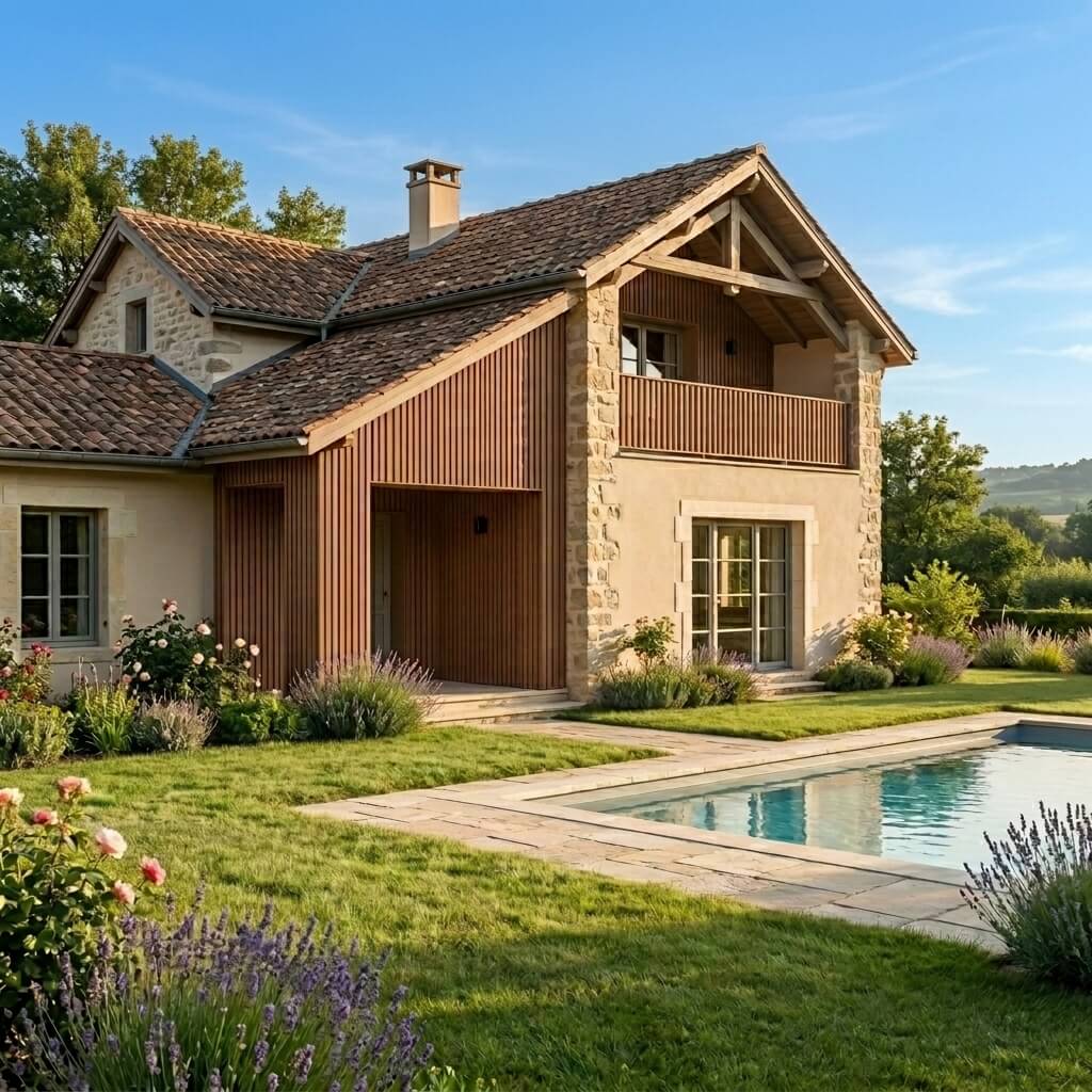 Maison traditionnelle avec bardage claire-voie teck