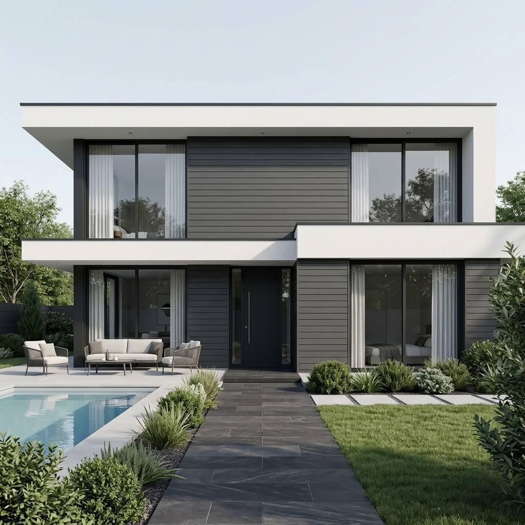 Jardin moderne avec allée, massifs et piscine