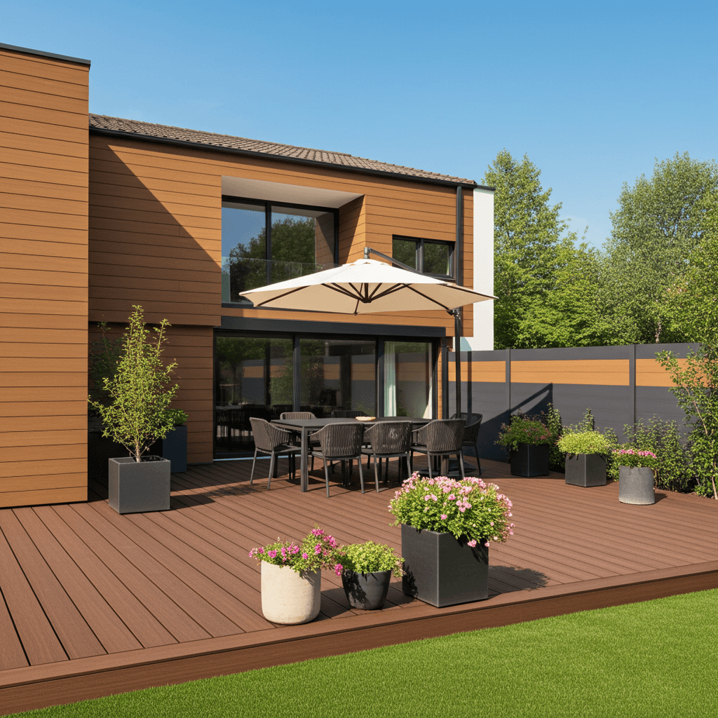 Bardage bois horizontal avec terrasse extérieure