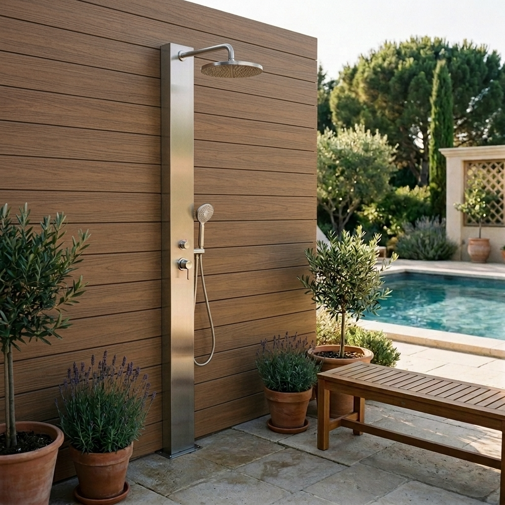 Douche extérieure intégrée à l’aménagement piscine
