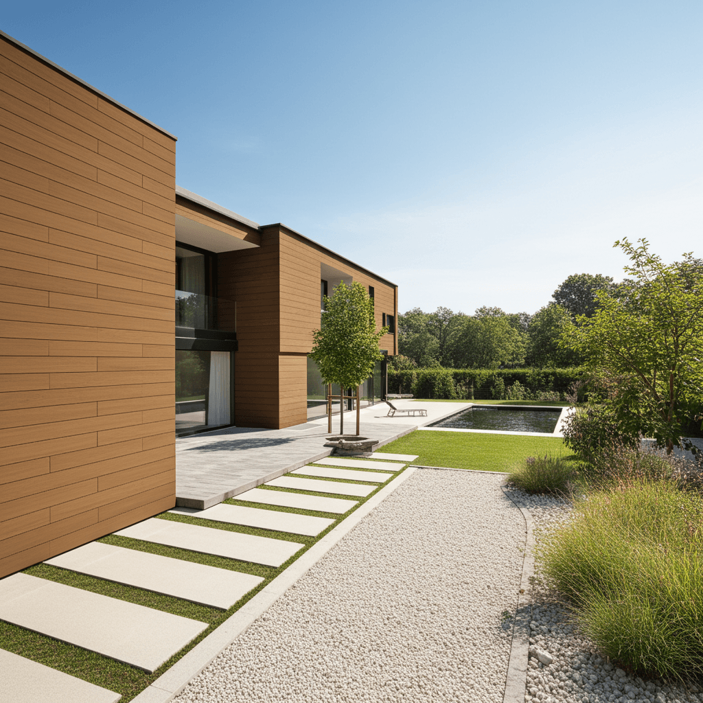 Allée de jardin avec pas japonais vers une piscine