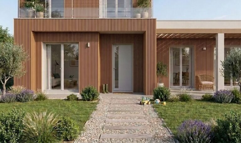 Entrée de maison avec allée et bardage bois