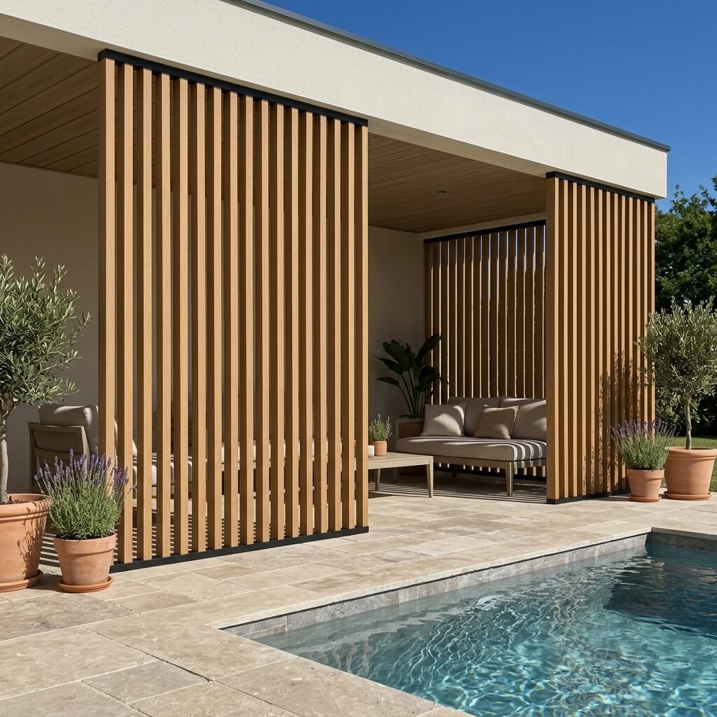 Claustra architectural autour d’un espace piscine