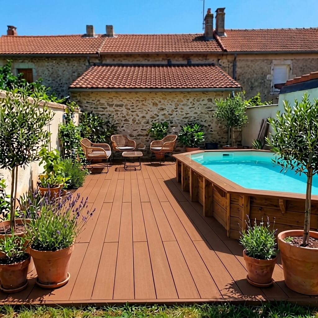Terrasse composite autour d’une piscine hors-sol