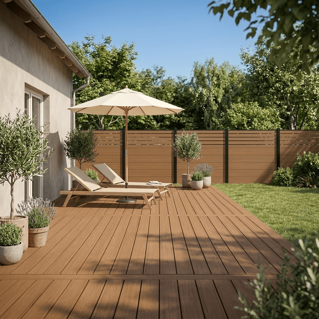 Terrasse avec transats, parasol et clôture composite