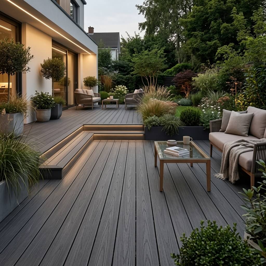 Terrasse de jardin encadrée par des jardinières