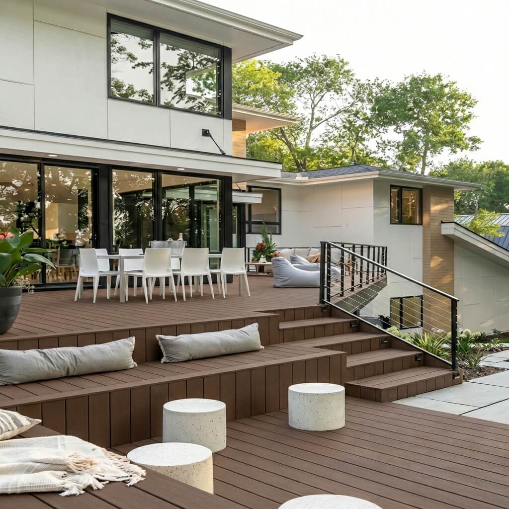 Jardin à plusieurs niveaux avec terrasse surélevée