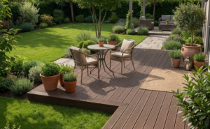Jardin structuré avec terrasse, allée et coin détente