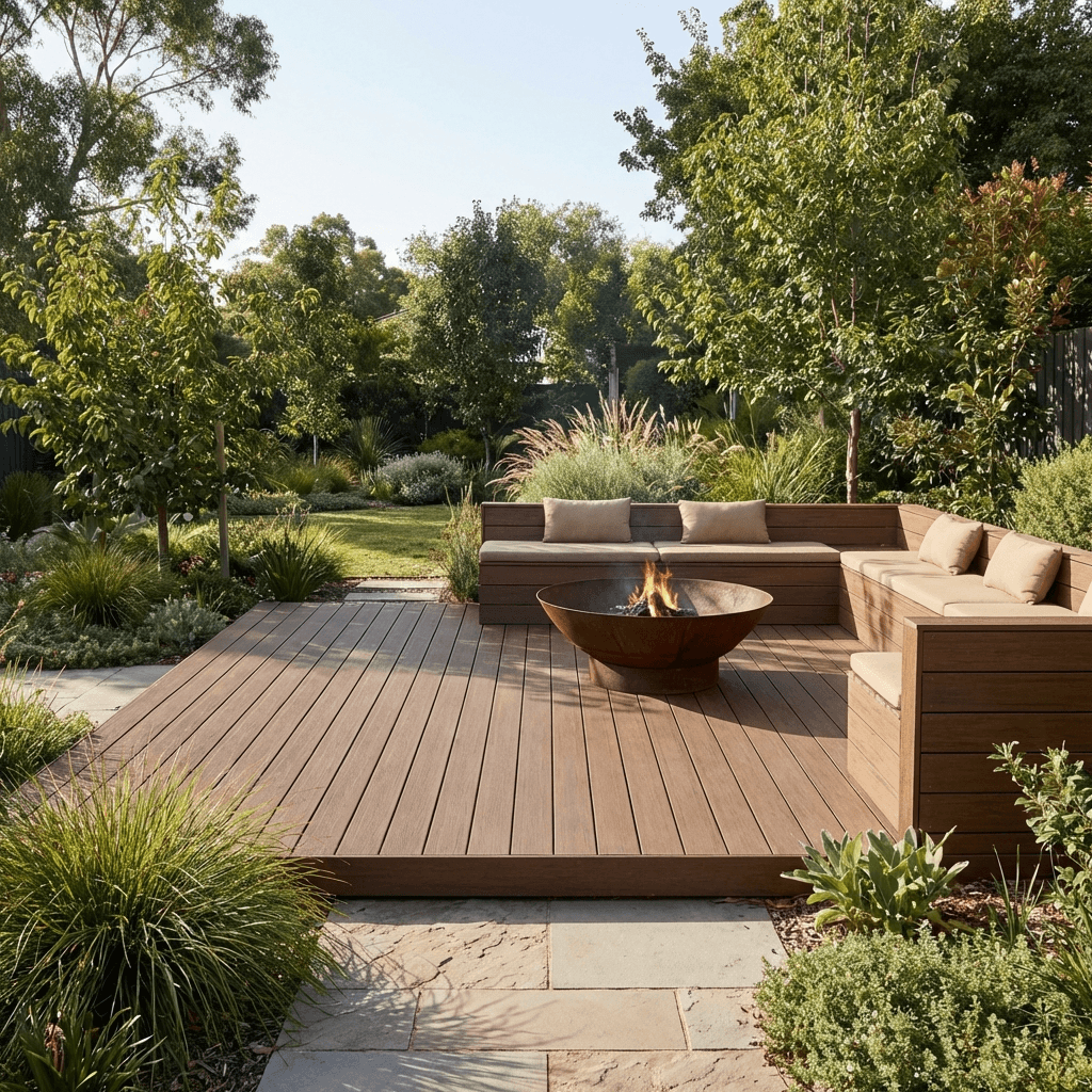 Terrasse avec brasero et banquette intégrée