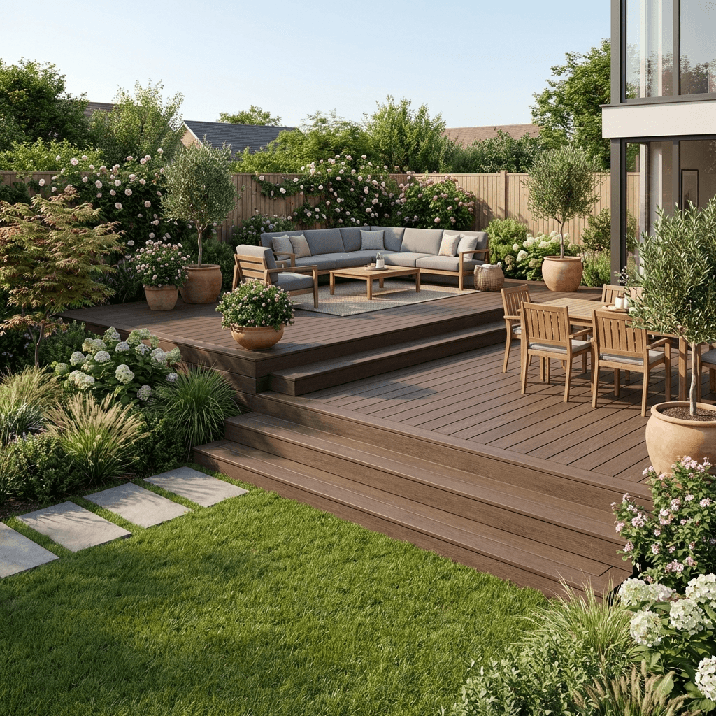 Terrasse multi-niveaux avec coin repas et salon extérieur