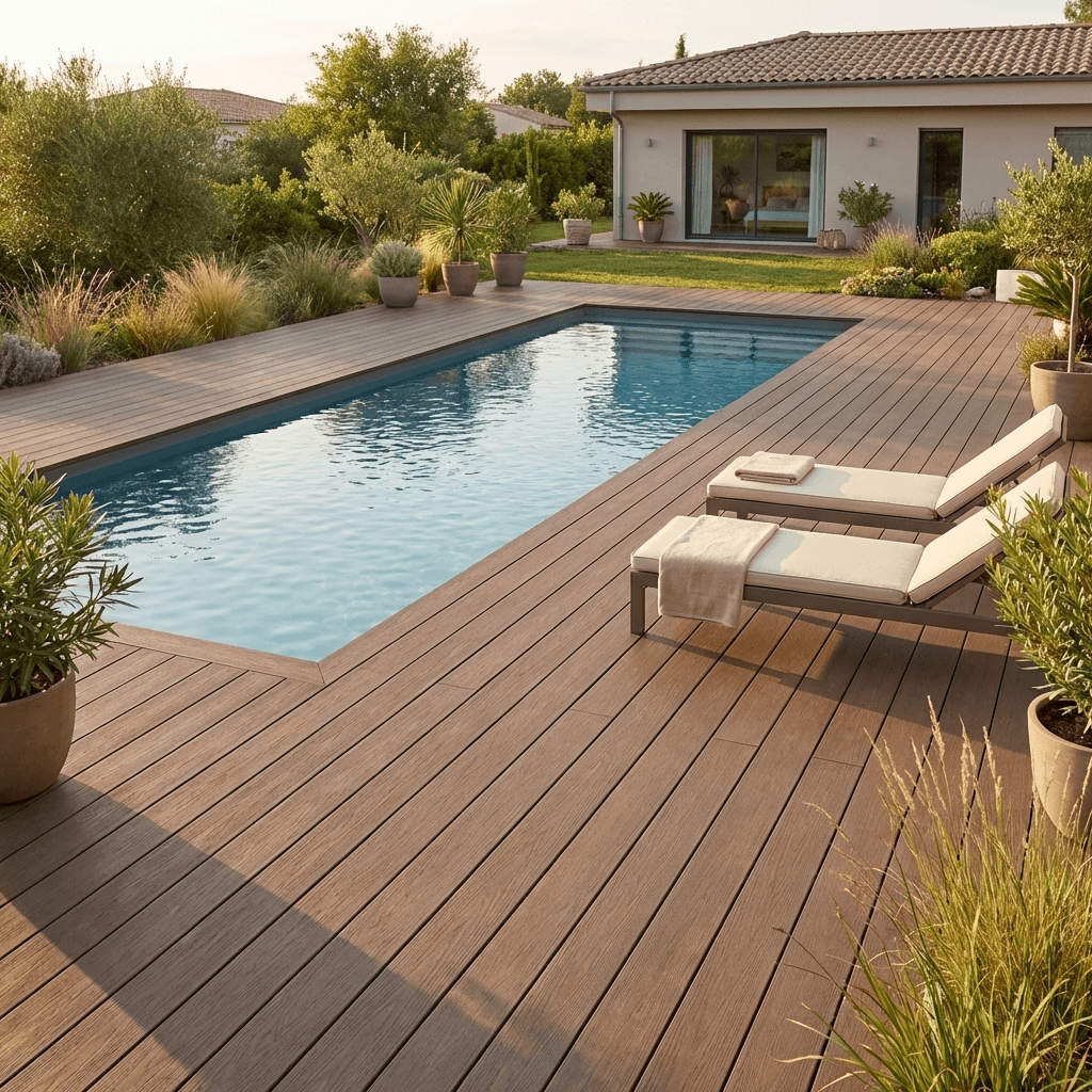 Terrasse composite ipé autour d’une piscine