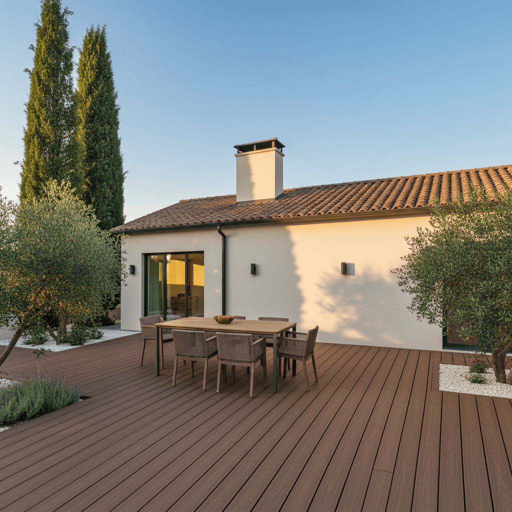 Terrasse composite ipé avec coin repas extérieur