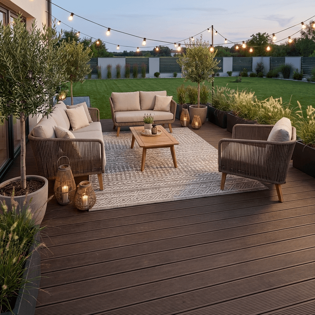 Salon extérieur avec tapis et coussins outdoor