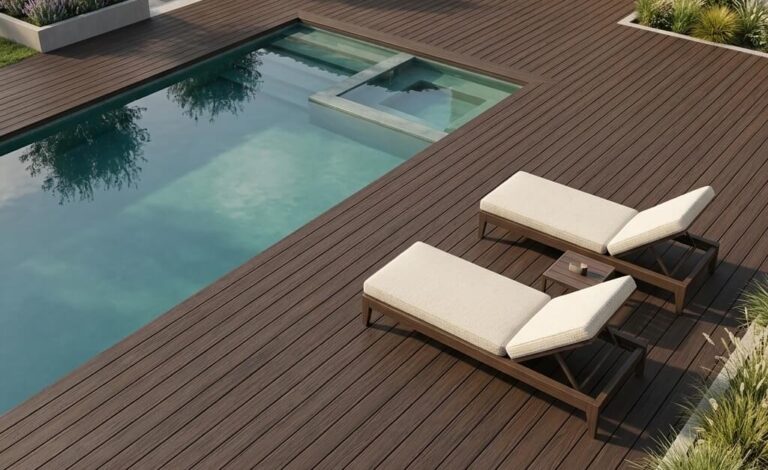Terrasse composite avec piscine et transats