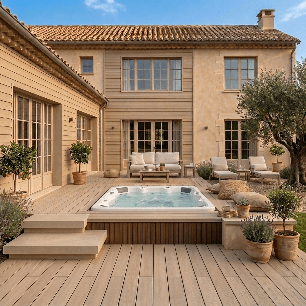 Terrasse structurée autour d’un spa extérieur