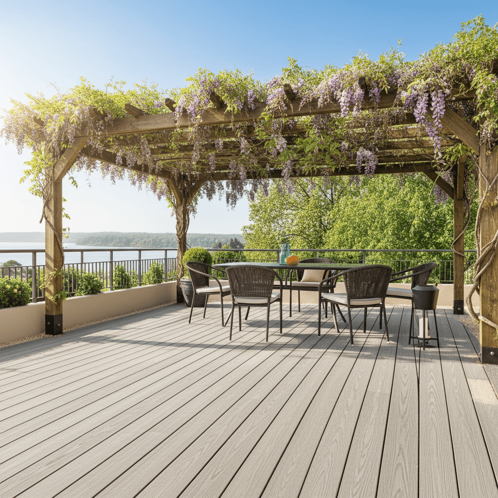 Terrasse ombragée avec pergola végétalisée