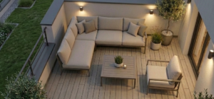 Terrasse moderne avec salon extérieur et éclairage