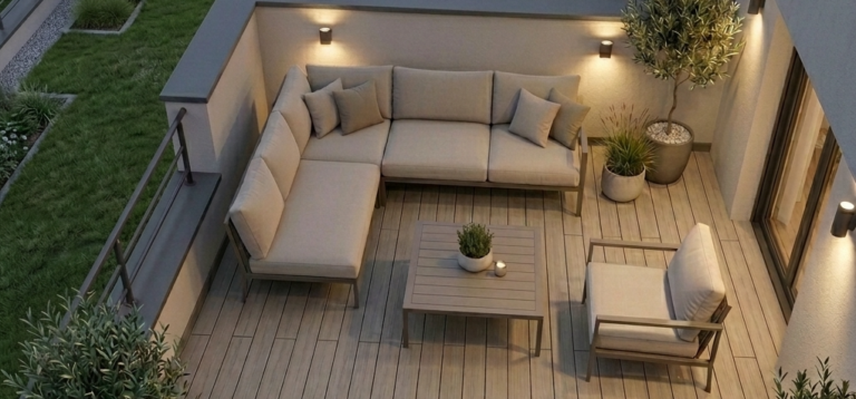 Terrasse moderne avec salon extérieur et éclairage