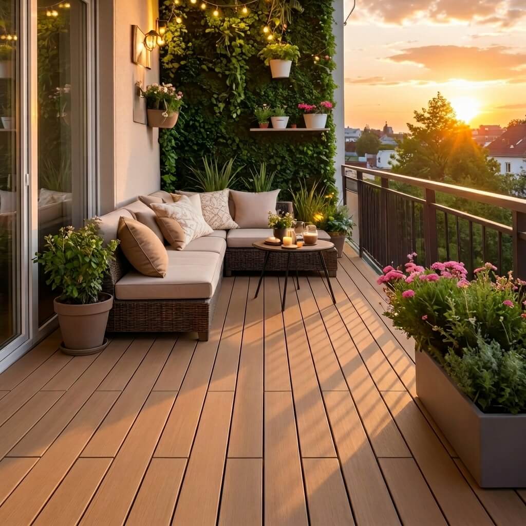 Terrasse avec jardin vertical et coin détente