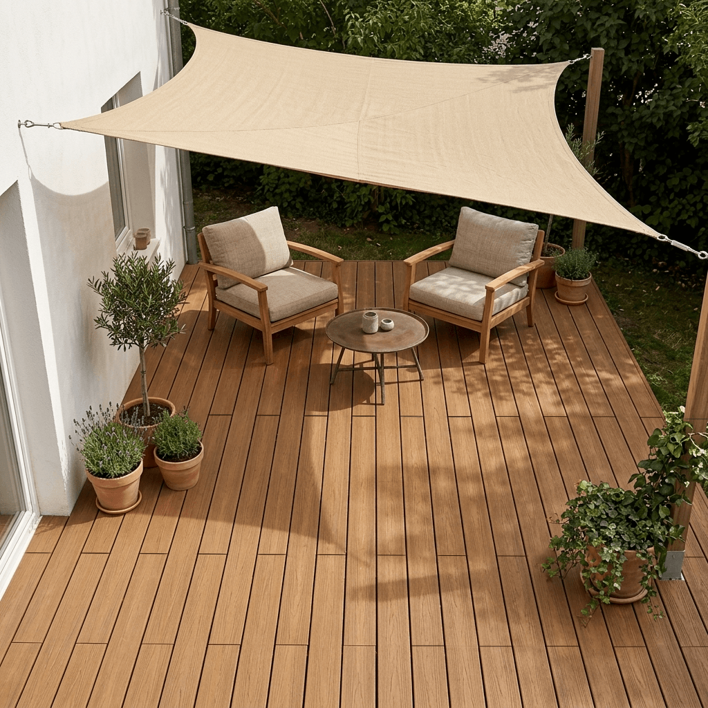Terrasse ombragée avec voiles tendues