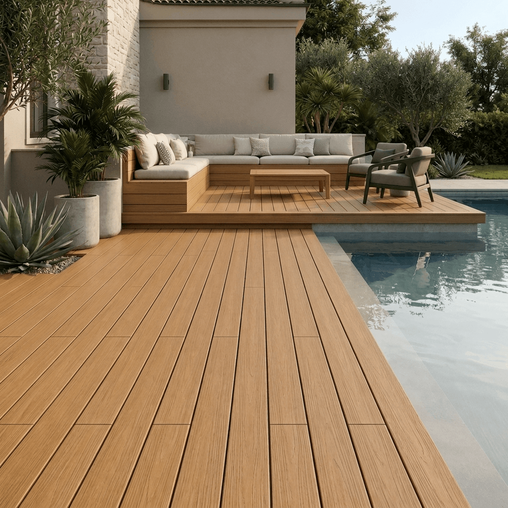 Zone lounge intégrée autour d’une piscine