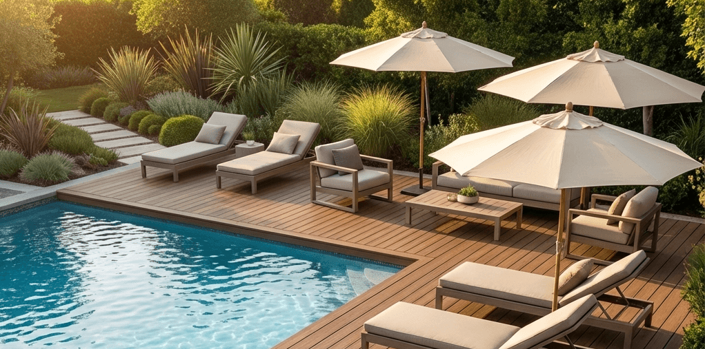 Chemin en dalles reliant piscine et jardin
