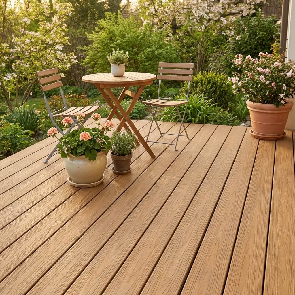 Petite terrasse avec table et chaises de jardin