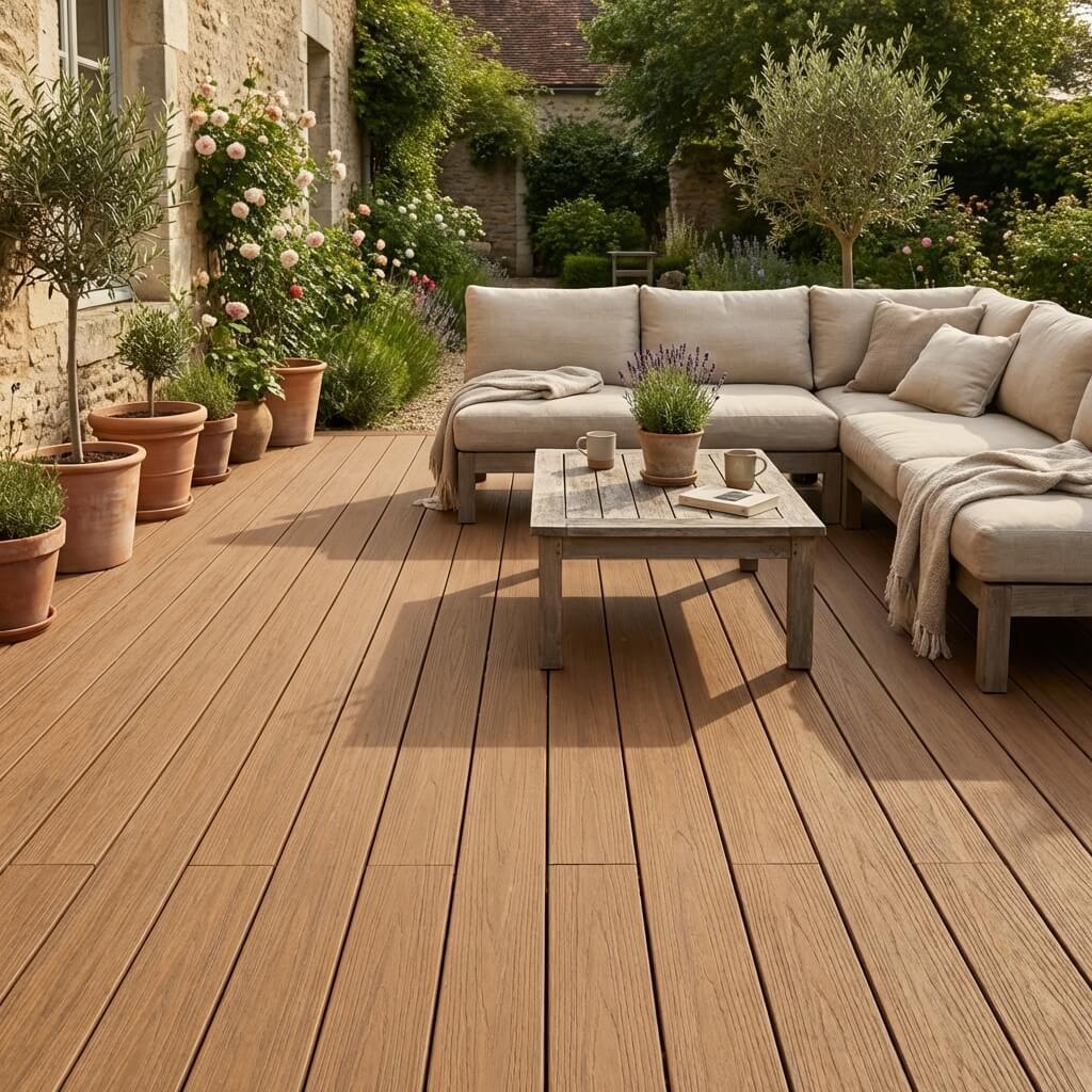 Terrasse en bois composite teinte naturelle avec salon extérieur