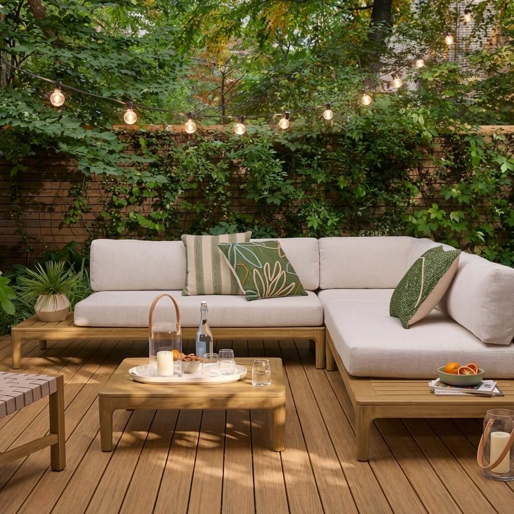 Coin détente de jardin avec alcôve végétale