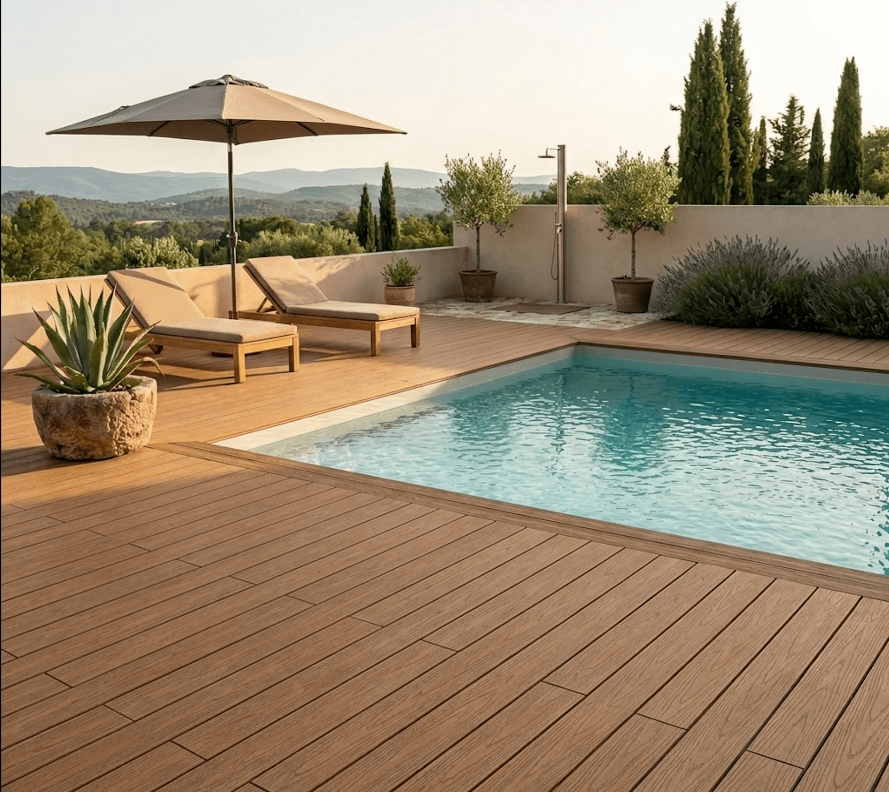 Terrasse piscine avec douche extérieure