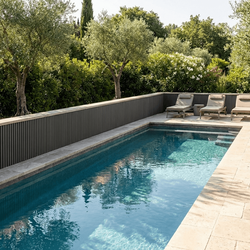 Bardage claire-voie NEO XS autour d’une piscine