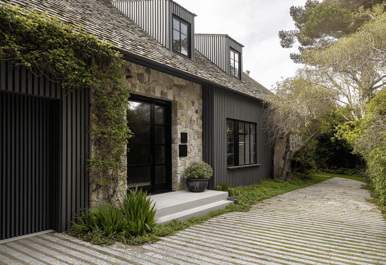 Entrée de maison avec escalier extérieur et bardage claire-voie