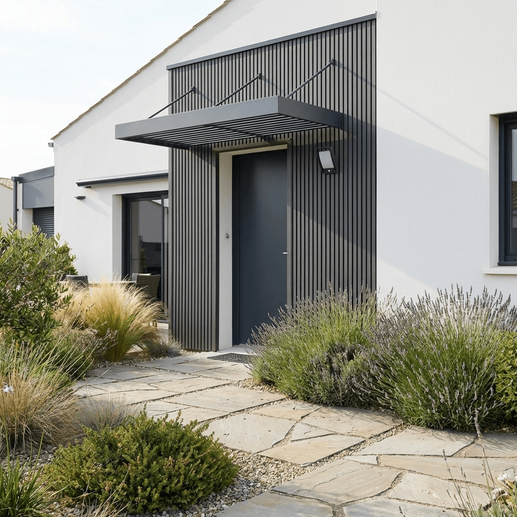Entrée de maison avec bardage claire-voie charbon