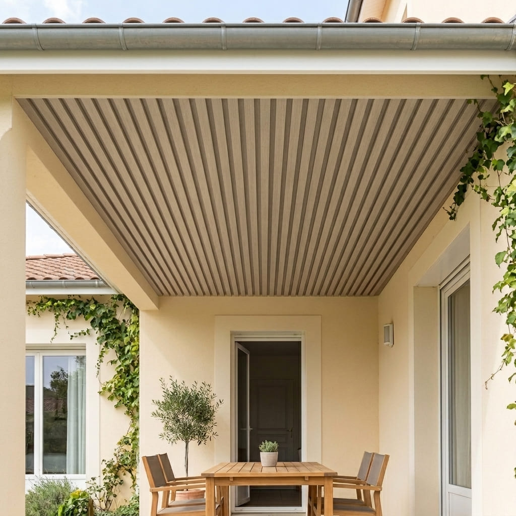 Terrasse couverte avec tasseaux décoratifs en sous-face