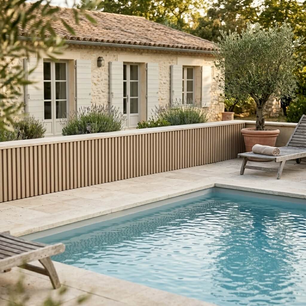Terrasse avec bardage claire-voie fin autour d’une piscine