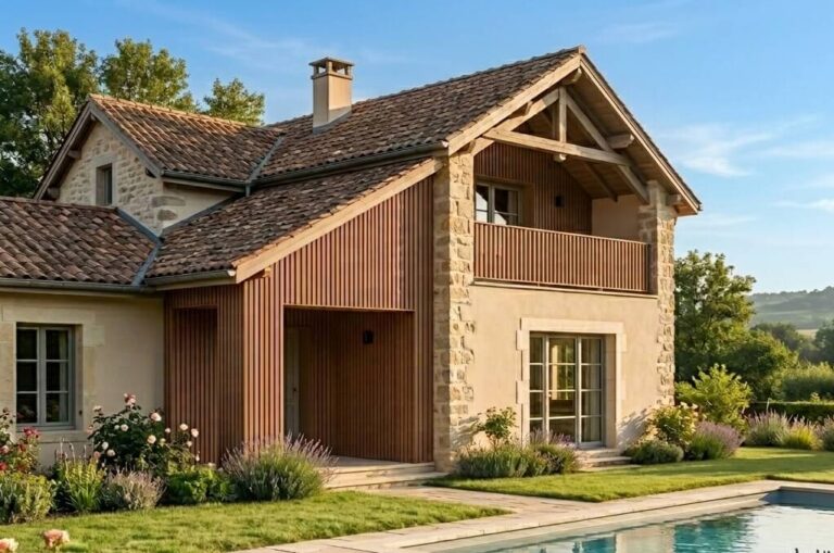 Maison avec bardage bois composite et entrée extérieure aménagée