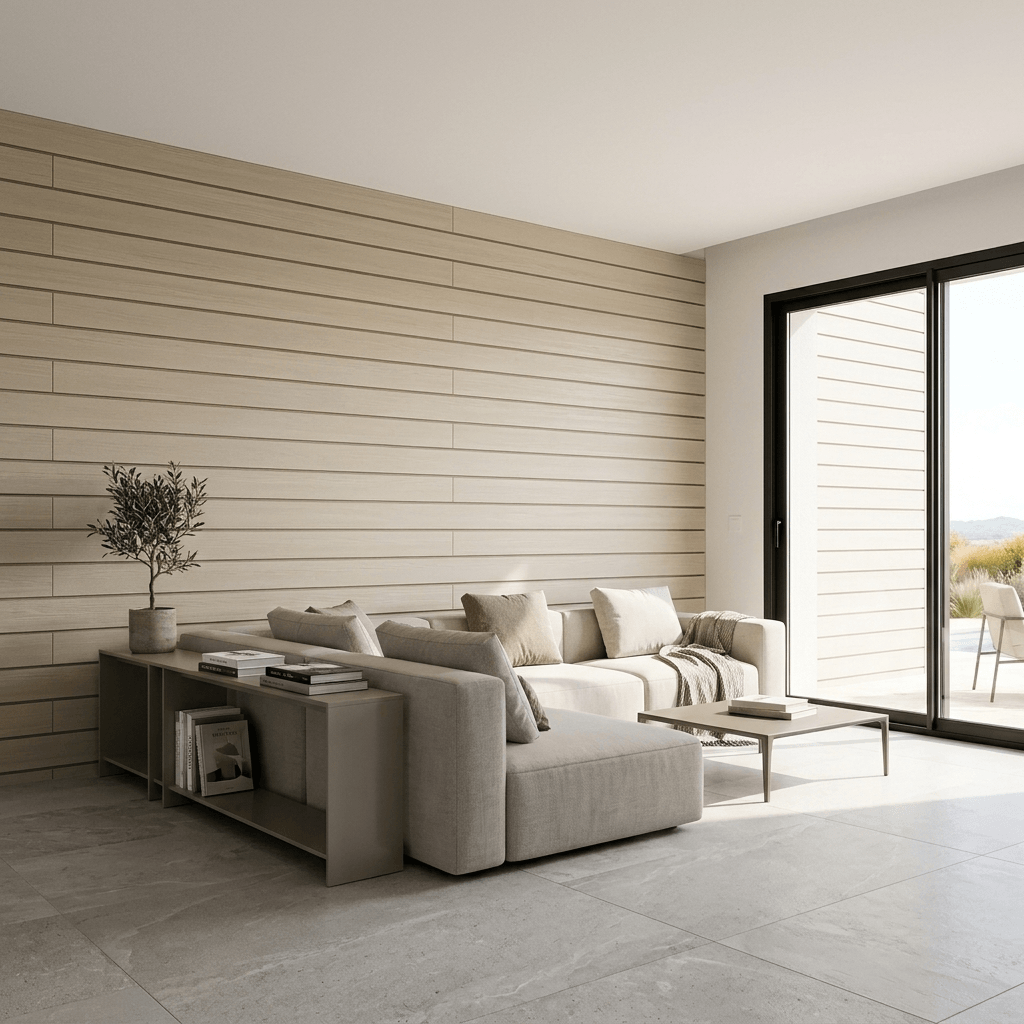 Salon intérieur avec bardage sensation ivoire