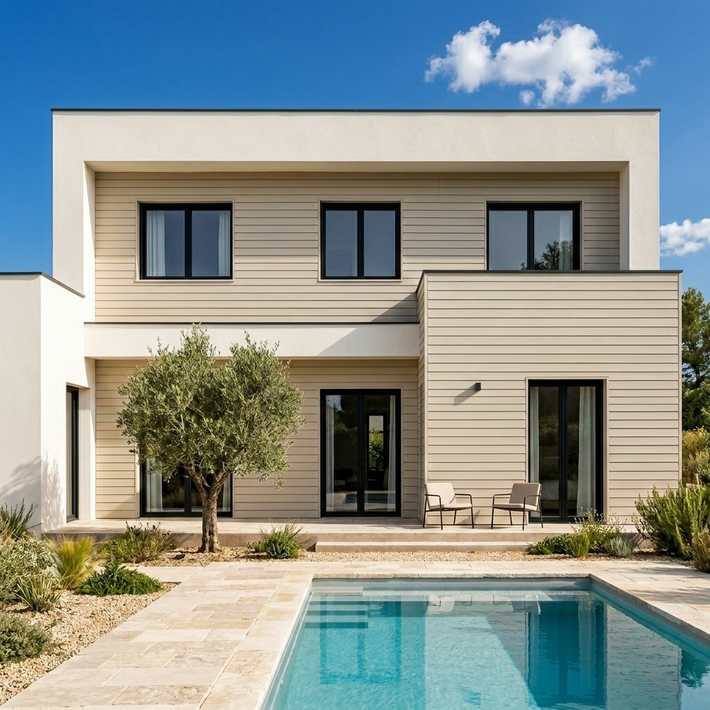 Façade de maison avec bardage sensation ivoire