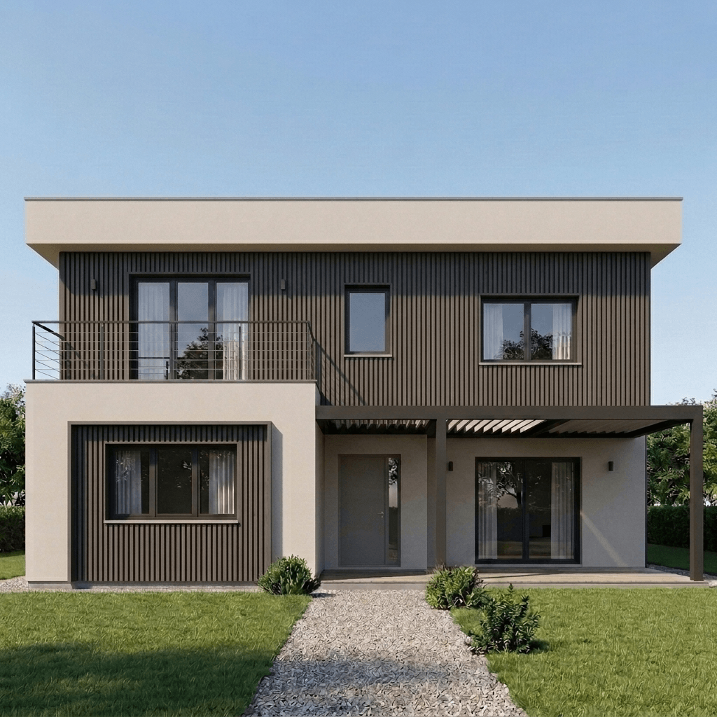 Maison avec porche extérieur et bardage claire-voie anthracite