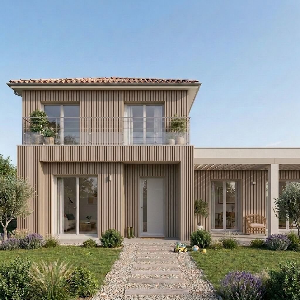 Façade de maison avec bardage claire-voie sable