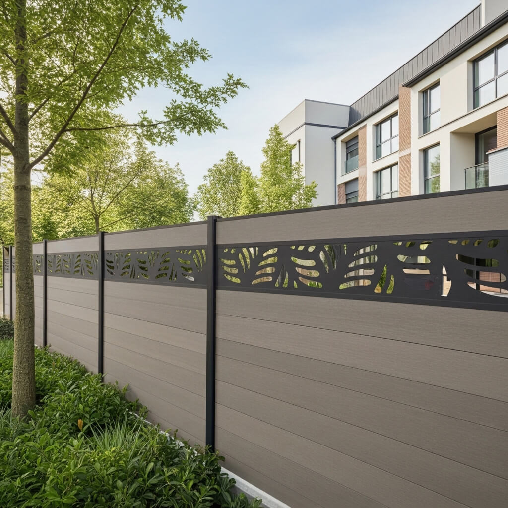 Clôture composite avec panneau décoratif ajouré dans un jardin