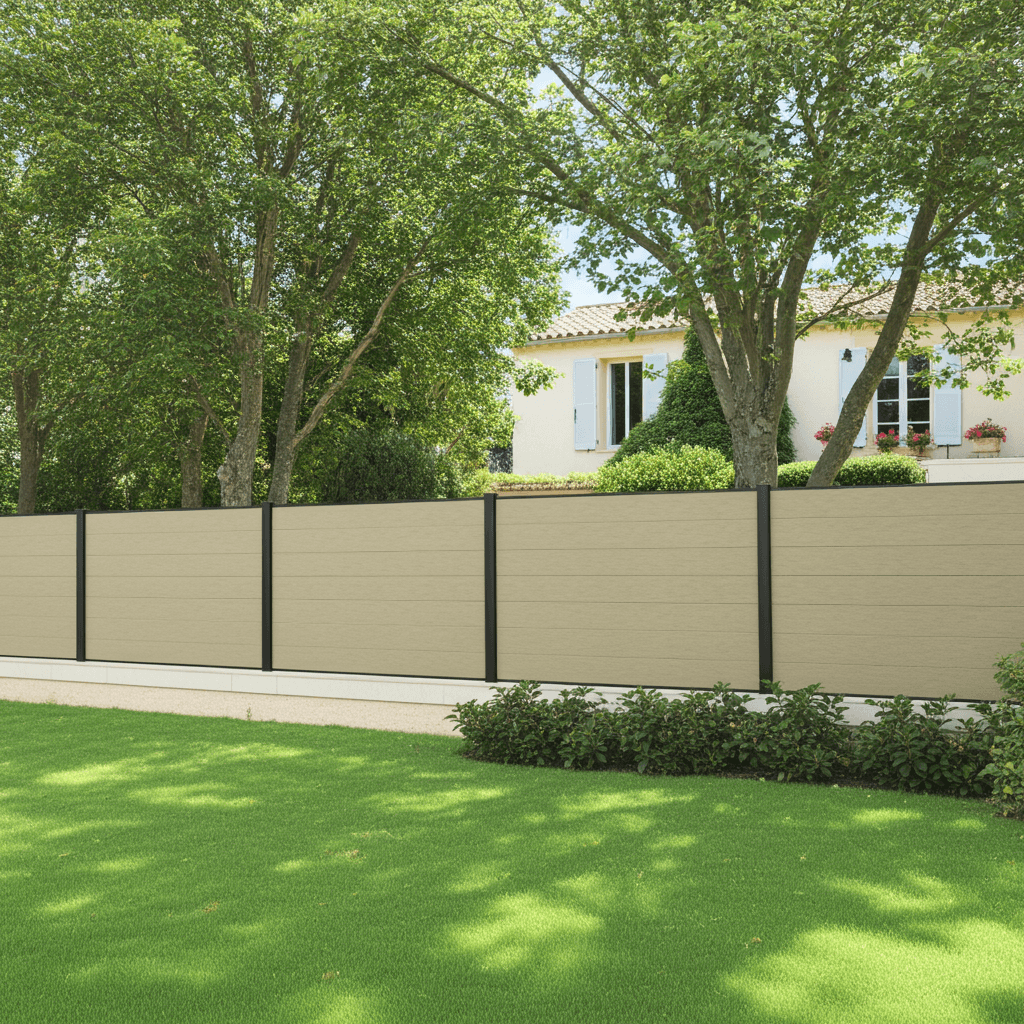 Clôture composite teinte sable dans un jardin