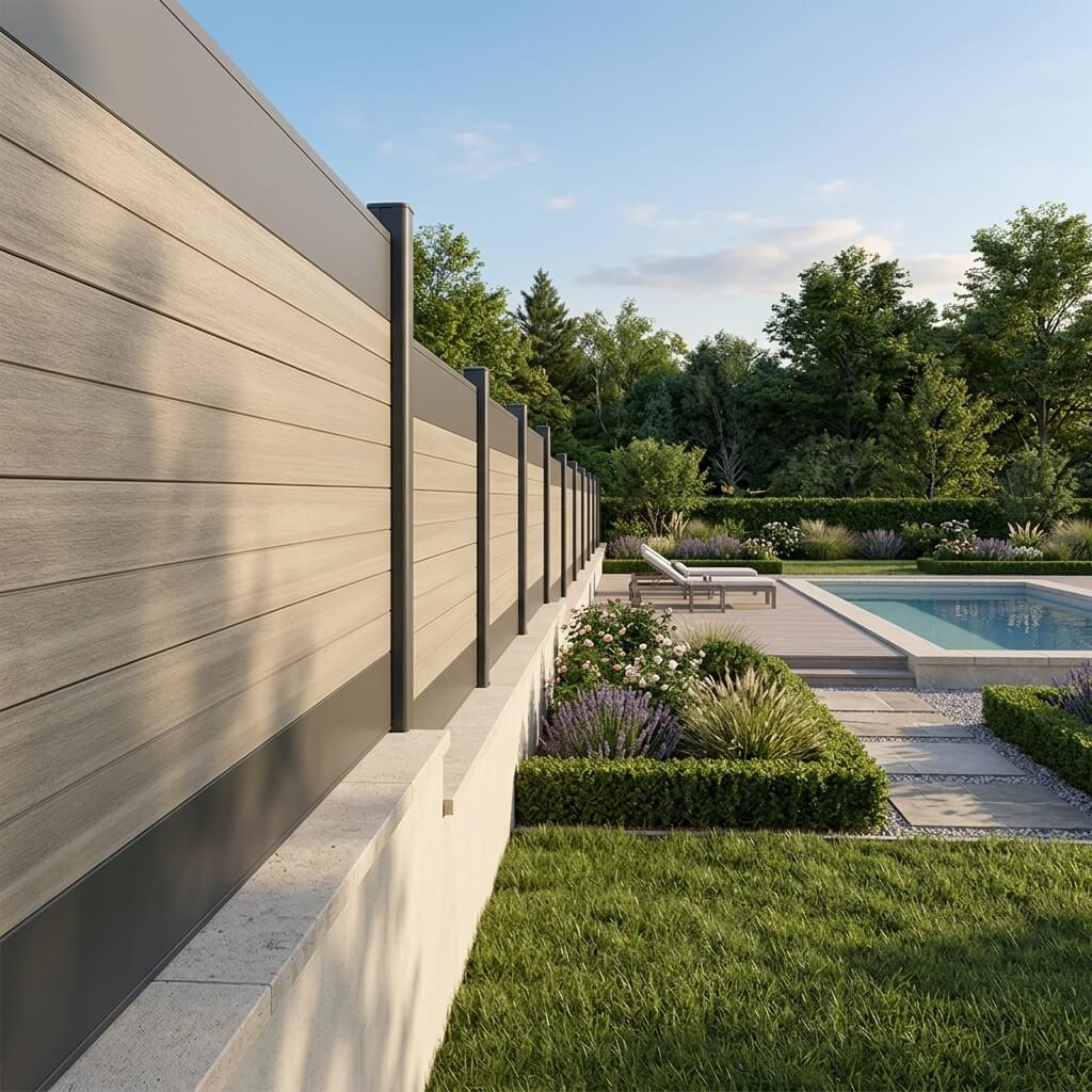 clôture mixte composite et aluminium sur muret et piscine