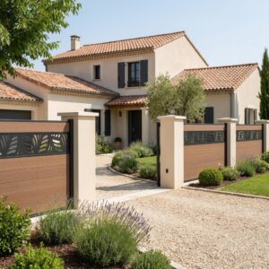 Clôture composite avec panneau décoratif ajouré devant une maison