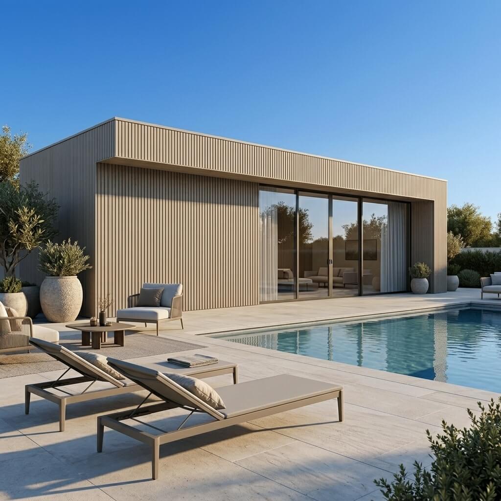Façade avec bardage claire-voie teinte sable et piscine