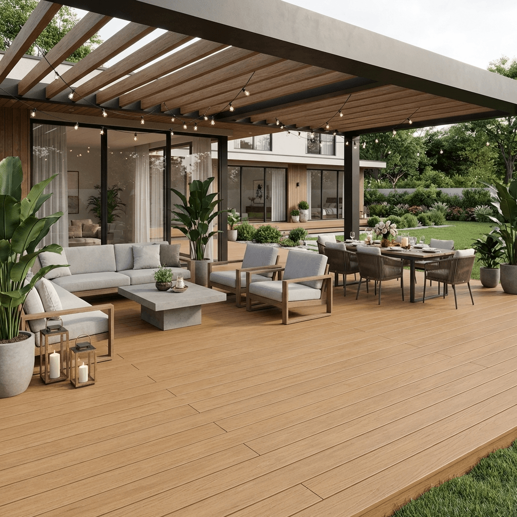 Terrasse composite semi-pleine avec salon extérieur